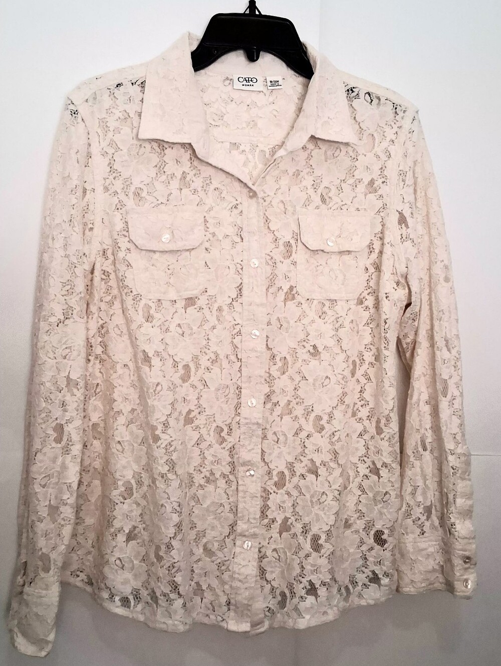 CATO Cream Lace Sheer Button-Down Shirt with Chest Pockets Size 18/20W FIT XL